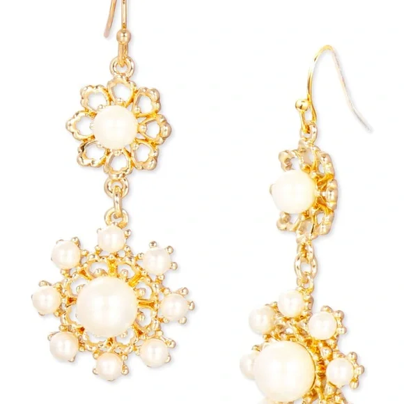 NEW! Gold-Tone Imitation Pearl Flower Double Drop Earrings. It’s beautiful! - Picture 3 of 3